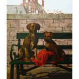 BRITISH SCHOOL oil on canvas - two dogs possibly mourning the death of an owner, while seated on a