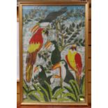 CENTRAL AMERICAN SCHOOL batik - colourful depiction of two macaws and four toucans, framed, 75 x