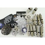 ASSORTED POLICE BADGES & WHISTLES
