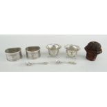 ASSORTED SILVER & COLLECTABLES to include two salts and spoons, pair of napkin rings and a carved