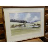 RAY WITCHARD watercolour - farm and lake with pine forest in mist, signed, 37 x 53cms