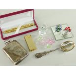 ASSORTED SMALL ITEMS including monogrammed silver hip flask, sterling silver spoon, Swarovski