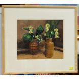 JULIA JONES RCA (b.1938) acrylic - still-life of yellow flowers in two vessels, signed, 25.5 x