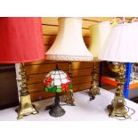 TWO PAIRS OF REPRODUCTION TABLE LAMPS WITH SHADES together with a reproduction Tiffany-style table
