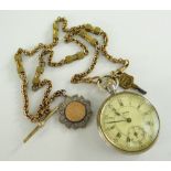 SILVER PLATED 'SERVICES SCOUT' POCKET WATCH with yellow metal 'T' bar chain with silver engraved '