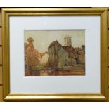FRED LAWSON (1888-1968) watercolour - town with church tower and horse in cart, signed and dated
