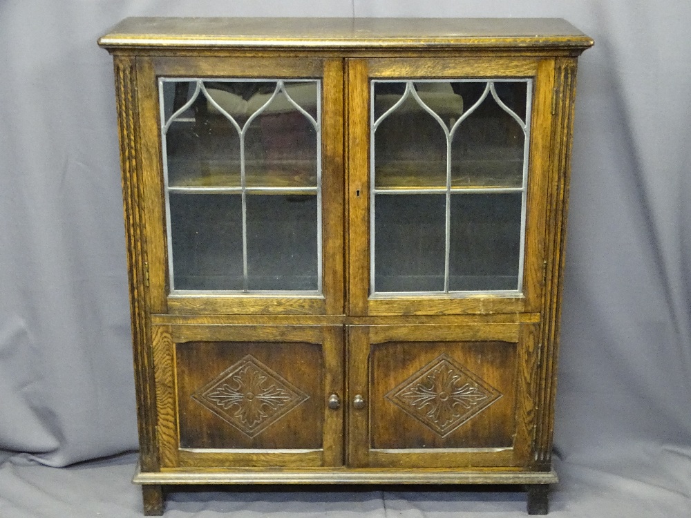 VINTAGE OAK CABINET BOOKCASE with leaded glazed top doors and reeded side detail, 107cms H, 97cms W,