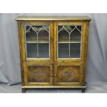VINTAGE OAK CABINET BOOKCASE with leaded glazed top doors and reeded side detail, 107cms H, 97cms W,