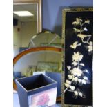 THREE VINTAGE WALL MIRRORS, a Chinese chinoiserie type panel and a modern wastepaper basket