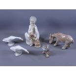 LLADRO MULE A/F, perched owl, two geese and a child with puppy (5)