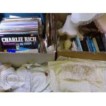 VINTAGE LP RECORDS, 45rpm records, table linen and books ETC