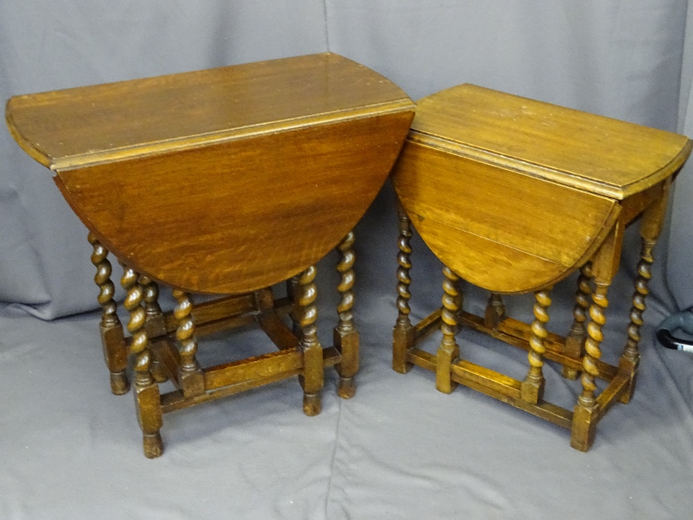 TWO VINTAGE OAK BARLEY TWIST GATE-LEG TABLES, 77 and 60cm Lengths