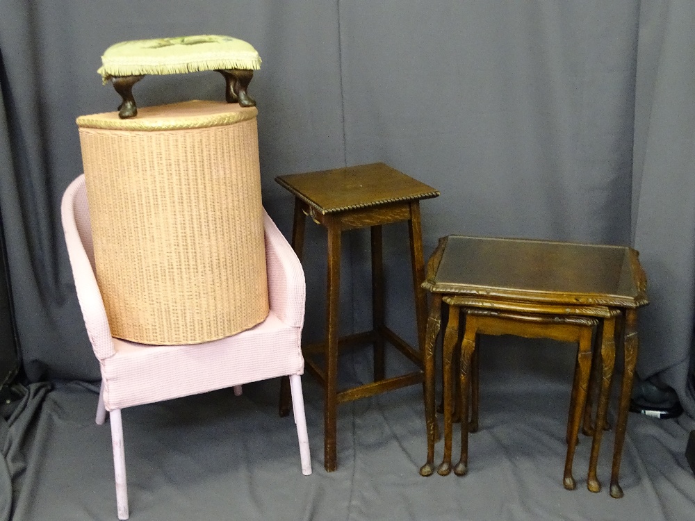 VINTAGE FURNITURE PARCEL comprising Lloyd Loom style armchair and linen basket, upholstered top foot