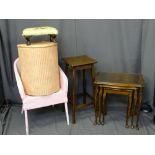 VINTAGE FURNITURE PARCEL comprising Lloyd Loom style armchair and linen basket, upholstered top foot
