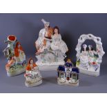STAFFORDSHIRE POTTERY - two Red Riding Hood and dog groups, a Staffordshire blue roofed cottage