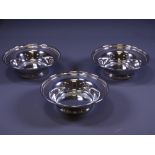 SILVER CIRCULAR PLAIN PEDESTAL DISHES, set of three, 13cms diameter, 10.4 ozs, Birmingham 1993