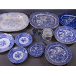 WILLOW & BLUEWARE - parcel of four small oval platters, six circular plates, ladle and lidded pot