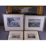 KEITH ANDREW prints x 2 - two colour tinted antique prints and an unsigned gilt framed vintage oil
