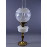 OIL LAMP, circular base brass with tapered column, milk glass reservoir and etched bowl shade