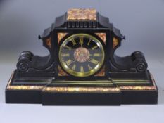 A VICTORIAN SLATE MANTEL CLOCK with colourful marble inset, 23.5cms H, 41cms L