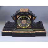 A VICTORIAN SLATE MANTEL CLOCK with colourful marble inset, 23.5cms H, 41cms L