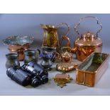 BRASS & COPPERWARE - a good parcel, three pewter tankards, a pair of binoculars ETC