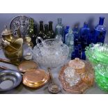 VINTAGE CHEMIST, Bristol Blue type poison and other bottles, vintage glassware and mixed metalware