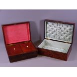 TWO ANTIQUE LIDDED BOXES including a burr walnut sewing box with padded satin lining and a