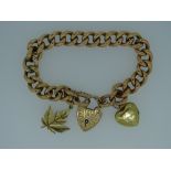 9CT GOLD ANTIQUE CHARM BRACELET, heart shape chase decorated padlock clasp and large links with