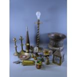 BRASS CANDLESTICKS, dainty lady bells and other items of mixed metalware