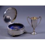 SILVER RING BOX, circular, Birmingham 1942 (some dents overall) and a miniature silver twin-