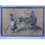 AN AMUSING VICTORIAN charcoal and chalk drawing - children with a donkey, 30 x 45cms