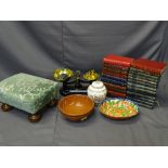 GILT TOOLED BOOKS, brass and cast iron kitchen scales and weights, a small selection of household