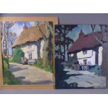 NEWLYN SCHOOL OILS (2) - 'Thatched Cottage', 'Day and Night', 37 x 29cms