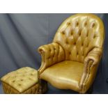 BUTTON BACK TAN LEATHER CLUB TYPE CHAIR and box footstool, 114cms H, 77cms W, 58cms D the seat