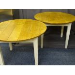 *TWO OAK TOPPED KITCHEN TYPE TABLES on painted white legs, 107cms D