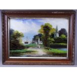 PAINTING ON GLASS - lakeside scene with boats, church and cottage with figure on a path, 39 x 60cms