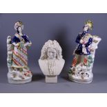 STAFFORDSHIRE FLATBACK FIGURINES, a pair, along with a Parian bust of Handel