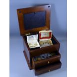 REPRODUCTION MAHOGANY COLLECTOR'S BOX & CONTENTS to include mainly vintage continental coinage and a