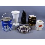 MIXED POTTERY & PORCELAIN, a quantity, including a Wedgwood biscuit barrel and trumpet vase,