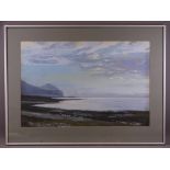 JOHN PELL mixed media - North Lleyn coast scene with Trefor Quarry Mountain in the background,