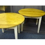 *TWO OAK TOPPED KITCHEN TYPE TABLES on painted white legs, 107cms D