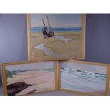 NEWLYN SCHOOL OILS (3) - beach and coastal scenes, 22 x 36cms and 32 x 37cms