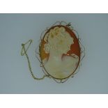 NINE CARAT GOLD OVAL CAMEO BROOCH, head and shoulders of a lady, 5 x 3.5cms, 18.5grms with safety