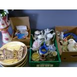 POTTERY TEA & COFFEE POTS, relief moulded wall chargers, a pottery jardiniere on stand ETC