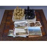 COMPOSITION CHESS SET & BOARD with a quantity of vintage postcards