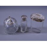 THREE SILVER TOPPED CONTAINERS including oval dressing table jar with silver top, 0.8 ozs,