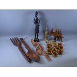 AFRICAN CARVED WOOD FIGURINE and other items of treenware