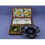 TWO FRAMED PAIRS OF STAFFORDSHIRE FLORAL TILES, possibly Minton, a single framed tile and a circular
