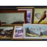 R ORGAN oil on board - a pheasant taking off, 67 x 60cms, a large COULSON print and a quantity of